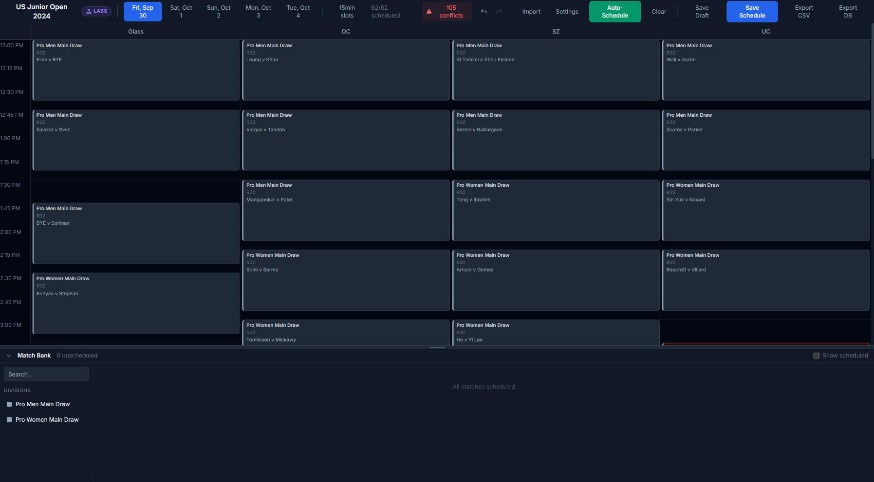 Auto-scheduled tournament grid for the US Junior Open
